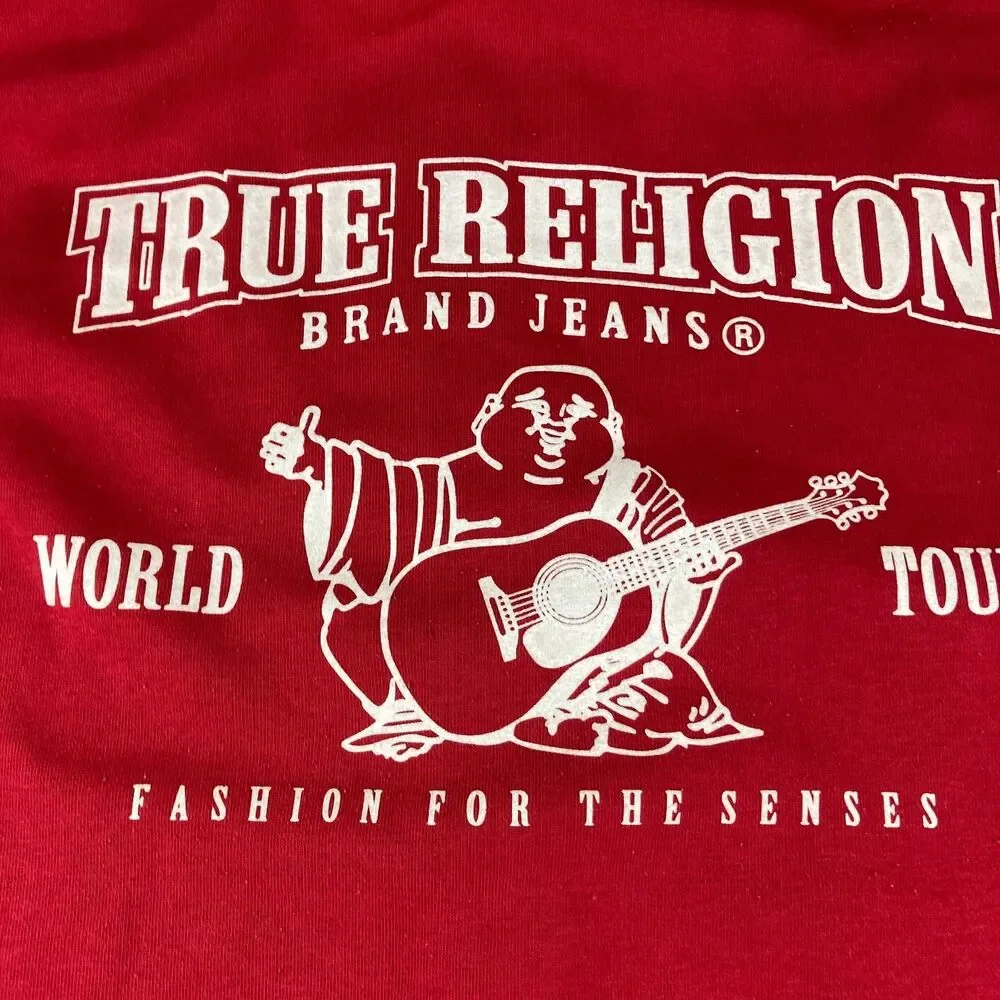 True Religion Mens XL Red Full Zip Hoodie Buddha World Tour Logo Sweatshirt